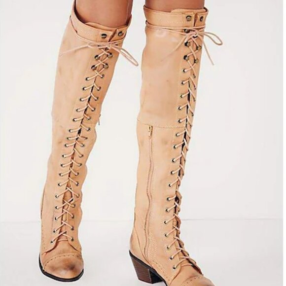 Free People +Jeffrey Campbell Joe Lace-Up Over-the-Knee Boots Light Grey sz 7 - Picture 6 of 16